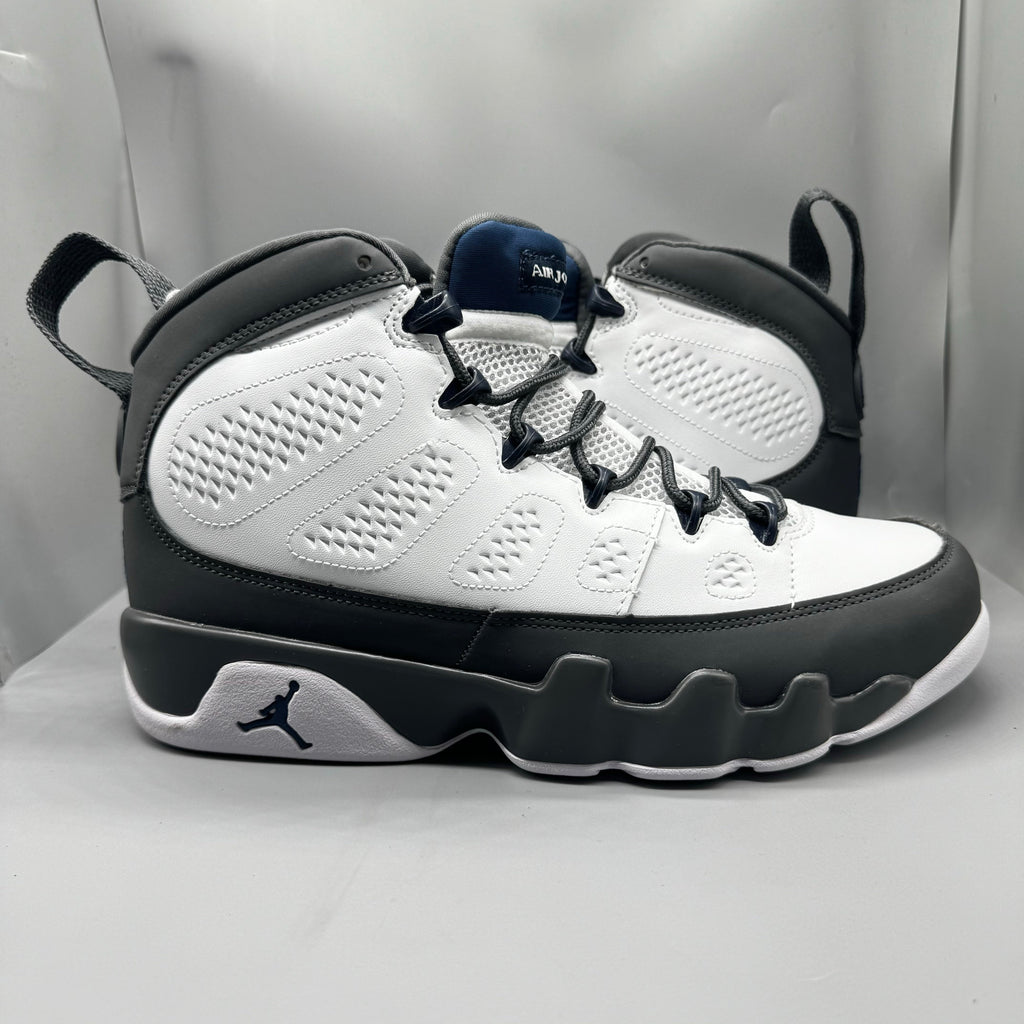 Air Jordan 9 Retro "Flint Grey" sneakers with white, French blue, and Flint grey colors